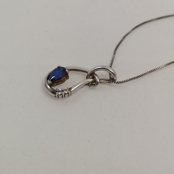 Blue Sapphire & Diamond Teardrop Knot Pendant Necklace Sterling 18" Chain 925 - Picture 6 of 10